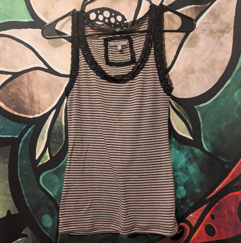 Etam Lace Trimmed Fitted Tank Top, Black and Tan Striped Tank